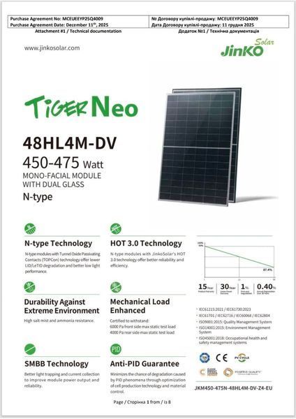 Сонячна панель Jinko Solar JKM465N-48HL4M-DV 465W Black Frame, Duo Glass 646776 фото