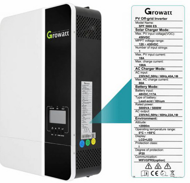 Гібридний сонячний інвертор (hybrid) Growatt SPF 5000ES Wi-Fi SPF5000ES фото